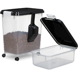 Коробки для корму для собак Relaxdays 2 шт., 10L та 30L, з кришкою, роликами, лопаткою, прозорі/чорні