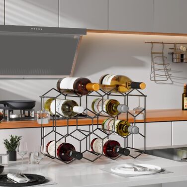 Urban Deco Wine Rack for 14 Bottles made of Metal, Bottle Rack Black with 2 Hooks for 2 Wine Glasses, Small Wine Rack for Kitchen, 43 x 13.6 x 31 cm