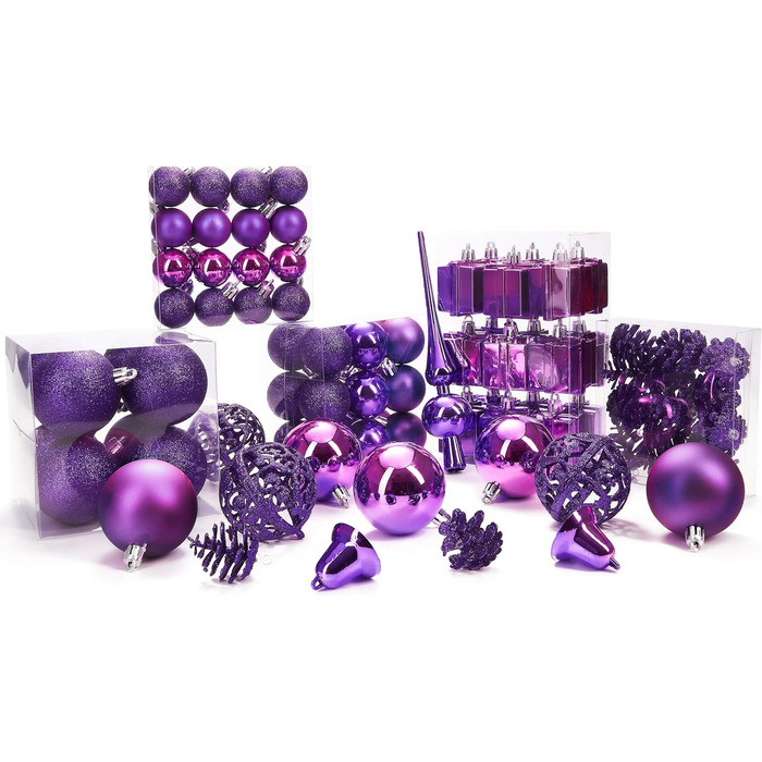 Набір прикрас на ялинку BRUBAKER 101 шт. з верхівкою, кремово-білий, фіолетовий