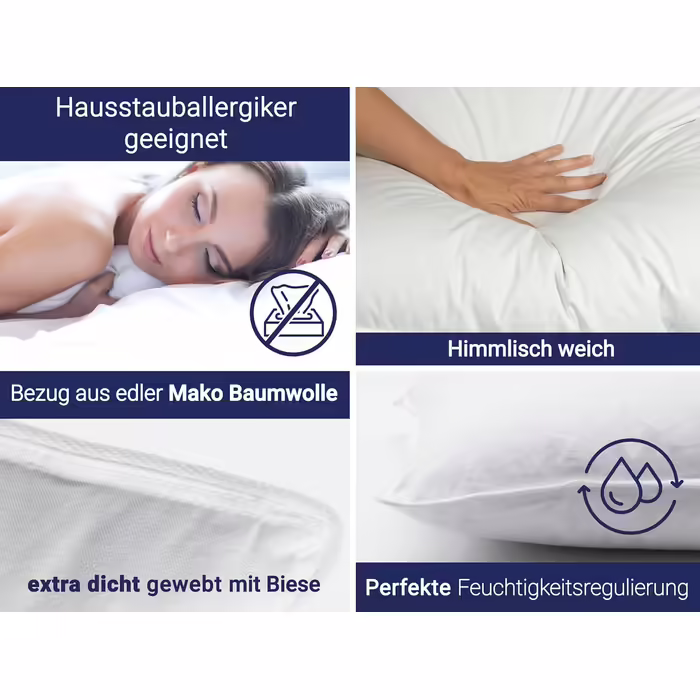 ZOLLNER 2-Pack Deluxe Down Pillow - Made in Germany – Suitable for allergy sufferers – Cover made of high-quality Mako cotton - washable up to 60°C - 40x80 cm - Hotel quality 40 x 80 cm 2-pack
