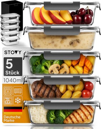 STOVY® Набори для приготування їжі Meal Prep Box - 5 контейнерів по 1040 мл з кришкою. Ідеально для повного раціону. Контейнери для зберігання їжі, придатні для мийки, мікрохвильової печі та морозильника.