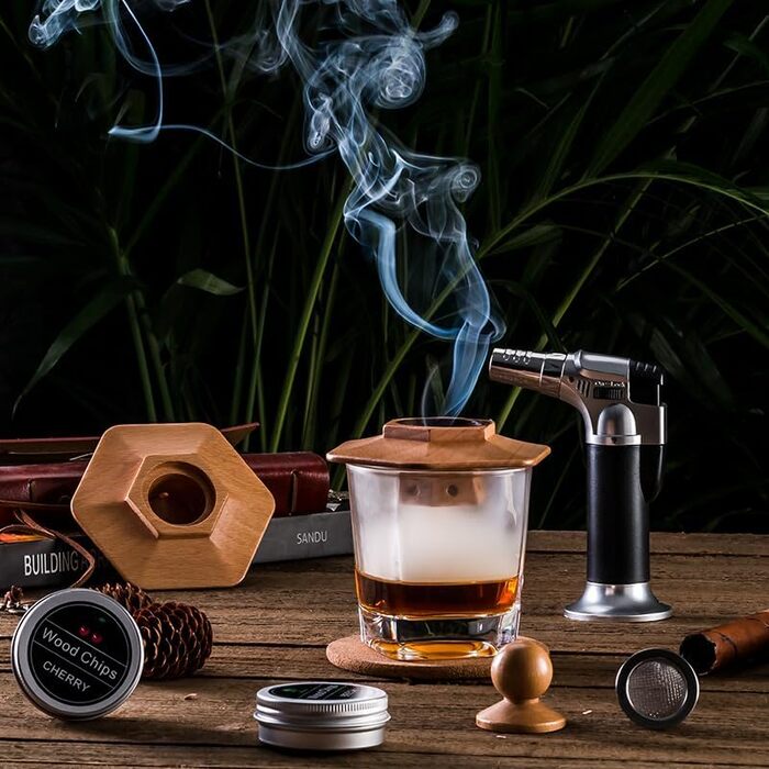 Преміум дерев'яний бокс для віскі з набором для копчення, ліхтарик, тріски, 2 склянки, набір для копчення коктейлів, подарунок для чоловіків, віскі, бурбон, День батька, ідеї подарунків на день народження