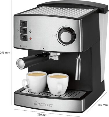 Clatronic® Espresso Machine | Small Coffee Machine | 15 bar Pump Pressure | 1.6 Liter Transparent Water Tank (Removable) | 2 Stainless Steel Nozzles with Frothing and Hot Water Function | 850 Watts | ES 3643