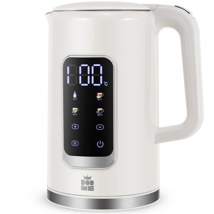 Електричний чайник ForMe з нержавіючої сталі, 1.7 л, регулювання температури 40-100°C, LED дисплей, функція підтримання тепла, BPA Free, білий