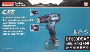 Акумуляторний дриль-шурупокрут Makita DF333DSAE 12V, 2.0Ah, 2 акумулятори + зарядний пристрій у транспортному кейсі, чорний/синій