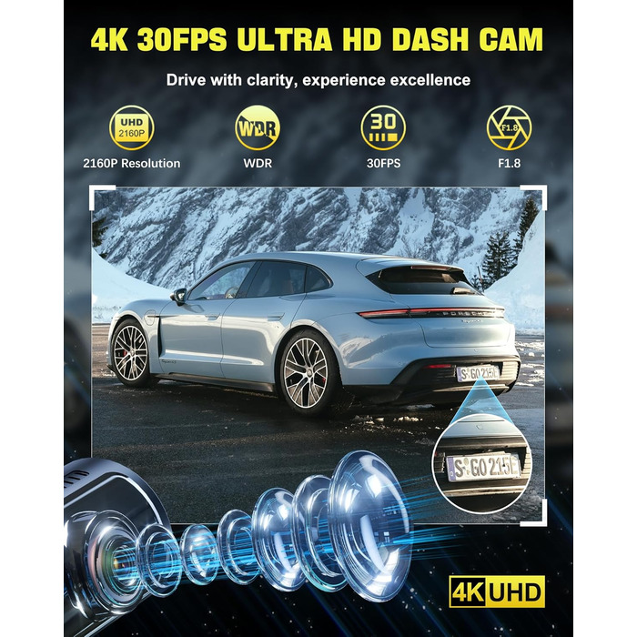 Відеореєстратор AQV Dashcam Auto Vorne und Hinten 4K з WiFi, 64GB SD, G-сенсор, Super Night Vision, 170°+140° Кут огляду, Black-D18