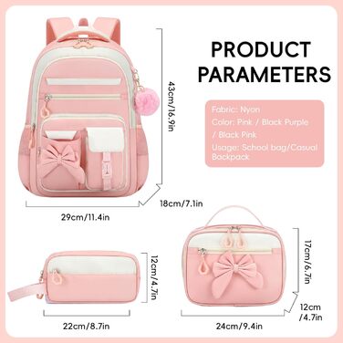 Шкільний рюкзак для дівчинки 3 в 1: рюкзак, ланч-бокс, пенал. Kawaii дизайн, 3-7 клас, антикрадійний, 24L, рожевий