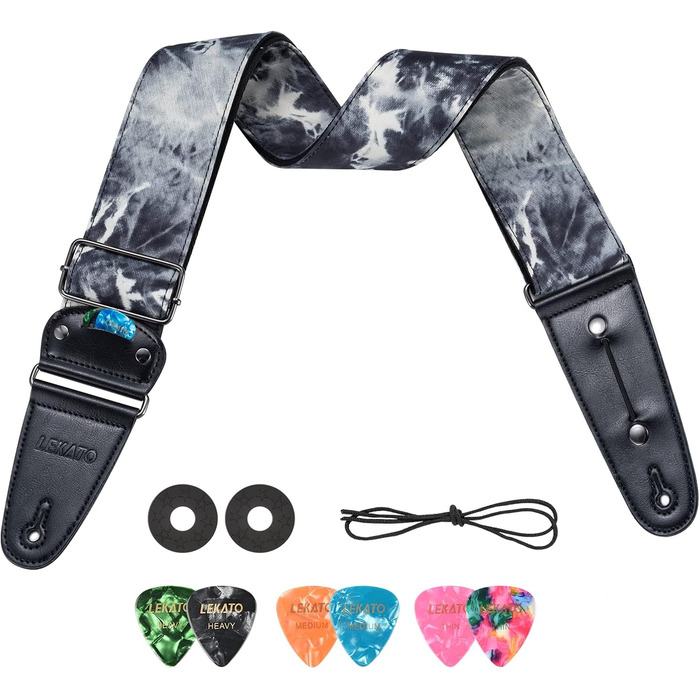 Гітарний ремінь LEKATO, смугастий, 6.7 см, з регулюванням, з шкіри, з кишенькою для медіатора та 6 медіаторів/фіксаторами ремінця - для бас-гітари, електро- та акустичної гітари (Колір: Nebel)