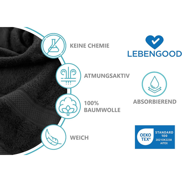 Набір рушників LEBENGOOD 10 предметів, 100% бавовна, Oeko-TEX, м'які та гігроскопічні, чорні (2 банні, 2 для рук, 4 рукавички)