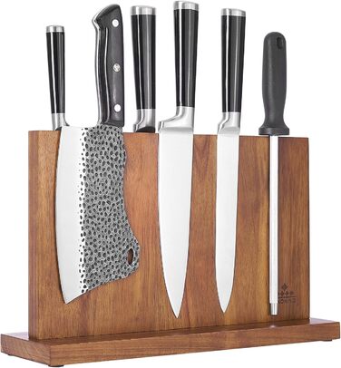 ENOKING Premium Plus Knife Block Magnetic Without Knives 38.6 x 23 cm, Double-Sided Magnetic Knife Holder Made of Acacia Wood, Magnetic Knife Block for Cutlery Display and Storage