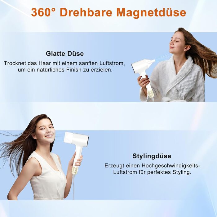 Фен для волосся з плазмою та безщітковим мотором 110 000 об/хв - швидке сушіння, тиха робота, з магнітною насадкою, для дому та подорожей (темно-сірий)