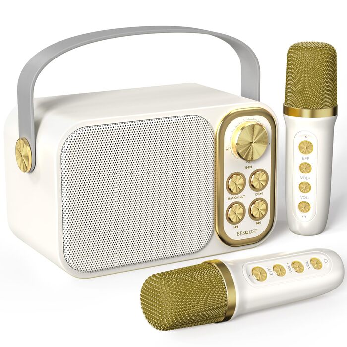 Караоке машина з 2 мікрофонами, портативна Bluetooth колонка для дітей та дорослих з 7 ефектами, біла. Ідеально для вечірок та днів народження