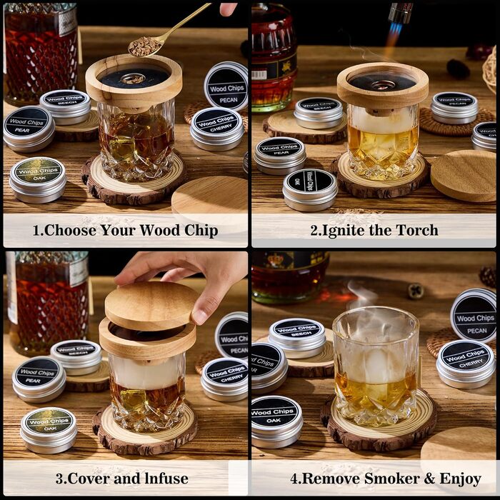 Набір для копчення віскі – Old Fashioned Cocktail, 6 дерев'яних чіпсів, 4 гранітні камені для віскі, запальничка та аксесуари для любителів віскі та коктейлів (без бутану), гранітні камені з нержавіючої сталі