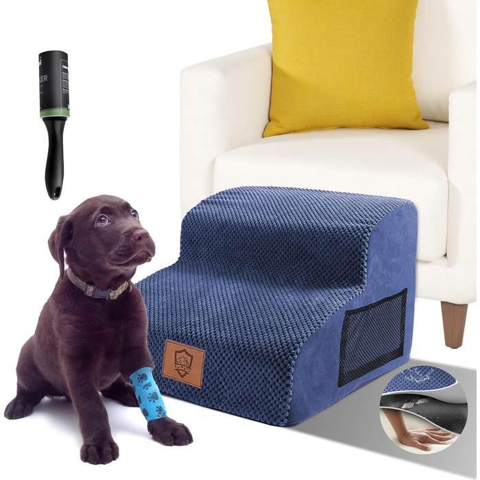 Dog Stairs, Pet Stairs, Foam Dog Stairs, Washable Non-Slip Cat Stairs, Dog Stairs for Small Dogs and Cats, Portable Dog Ramp for Bed, Couch and Car (2-Step Dog Stairs, Blue)