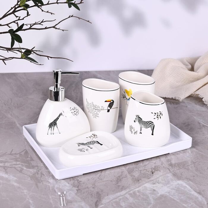 Bathroom accessory set, gold marble look, modern 6-piece bathroom accessory set, complete with soap dispenser, toothbrush holder, cup, tray, and countertop organizer (Tier)