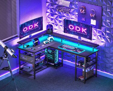 Ігровий стіл ODK з LED-підсвіткою, реверсивний, з 2 розетками та 2 USB-портами, кутовий, з сітчастою полицею, чорний, 150×102 см