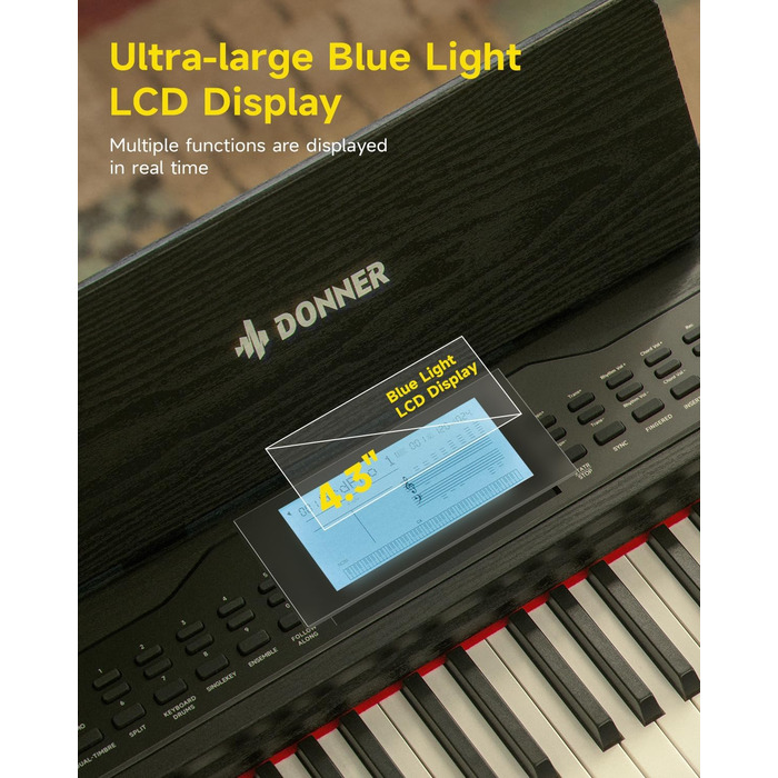 Цифрове піаніно Donner DDP-95 для початківців з 88 важними клавішами, підключення Bluetooth, LCD дисплеєм 11*5 см, 610 тембрів, 600 ритмів, 3 навчальні режими, чорний колір