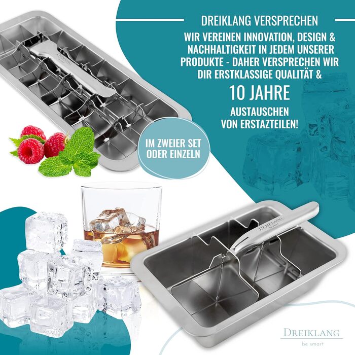 Dreiklang - be smart® Polished 18/8 Stainless Steel Ice Cube Mold with Lever for Effortless Removal | Food-Safe & Durable Ice Cube Maker | Plastic-Free Ice Cube Containers Large | Ice Cube