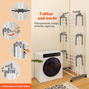 Стійка для білизни GOPLUS 4-ярусна розкладна з 2 тримачами для вішалок, 3 висувними полицями, полицею для взуття та 4 колесами для дому та вулиці (Сірий)