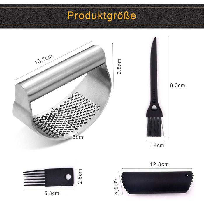 Набір пресів для часнику та імбиру з нержавіючої сталі (4 шт), багатофункціональний подрібнювач з силіконовим очищувачем та щіткою для кухні