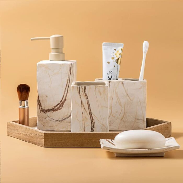 Набір аксесуарів для ванної кімнати керамічний 4 предмети в ретро стилі, коричневий мармур - мильниця, дозатор для мила, стаканчик для зубних щіток