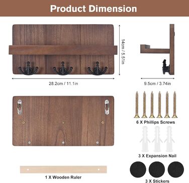 Дерев'яне ключниця з полицею та 6 гачками, ключниця на стіну для прихожей, коридору, кухні (Колір: Коричневий)