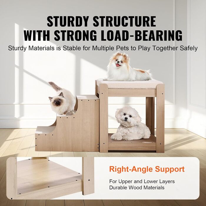 Багатоярусне ліжко для тварин VEVOR з драбиною, місцем біля вікна для собак/кішок, багатоступеневе ліжко, лежанка для собак, платформа з м'якими подушками, лежанка для домашніх тварин 120x50x65 см (Бежевий)