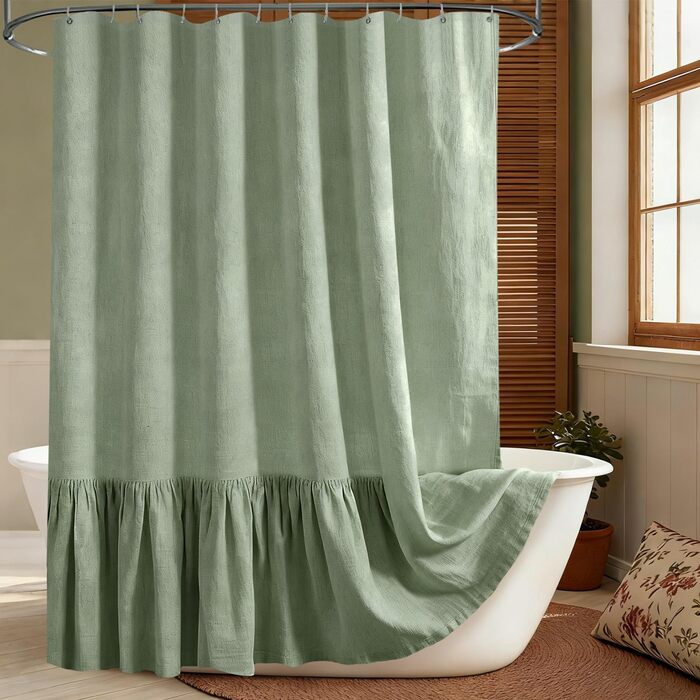 Штора для душу 180x180 см льон, зелена - водонепроникна, з антигрибковим покриттям, з утяжеленим краєм, з кільцями (1 шт)