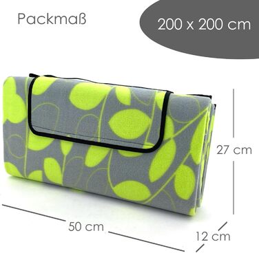 Плед для пікніка Heimtexland XL 200x200 см водонепроникний, листя лимона - килимок для пляжу, кемпінгу, фестивалів, складаний з ручкою