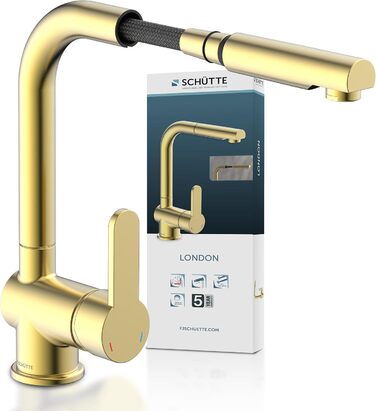 Кухонний змішувач SCHÜTTE LONDON з висувною лійкою, поворотний на 360°, з однорідним змішувачем, для мийки, золотий, 29,8 см (високий тиск)