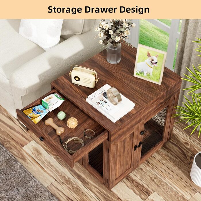 Клітка для собак VOWNER з дерева, 3 двері, з ящиком, 51x60x62 см, для собак до 20 кг, горіховий колір