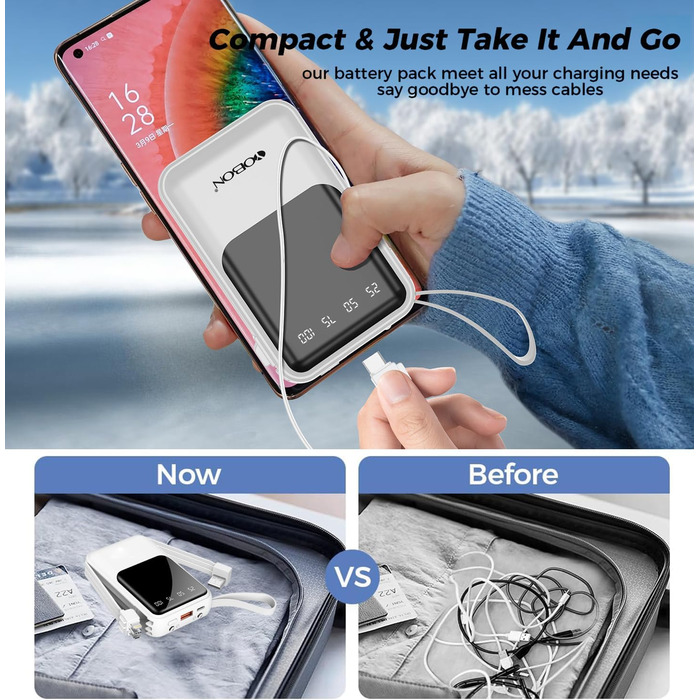 Портативний зарядний пристрій Powerbank 10000mAh з вбудованими кабелями (USB-C) для iPhone, Android, Google Pixel (білий)