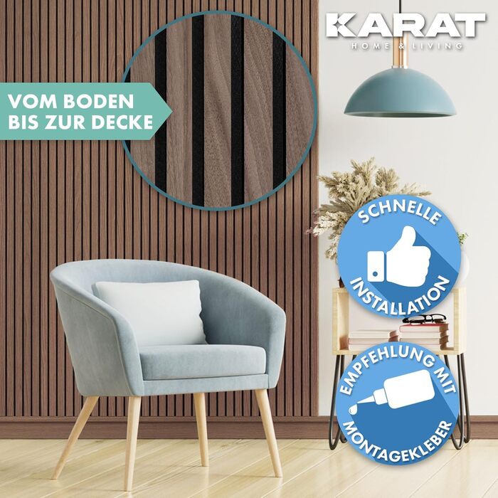 Акустичні настінні панелі KARAT з натурального шпона горіха (Black Walnut) — декоративна рейкова стіна з дерева та фетру для звукоізоляції та шумопоглинання, 275 x 27 см