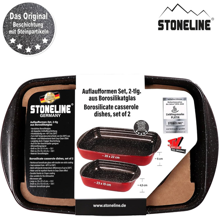 STONELINE Набір з 2 прямокутних форм для запікання з боросилікатного скла з антипригарним покриттям і частинками каменю, для духовки, запікання, випічки