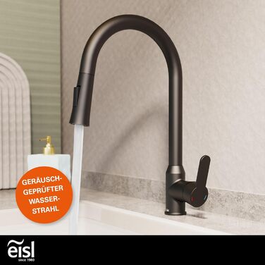 Кран кухонний гнучкий EISL Flexo з нержавіючої сталі/чорний, 360° обертання, високий вилив, Soft-Touch шланг, 2 функції, NI186FLNIB