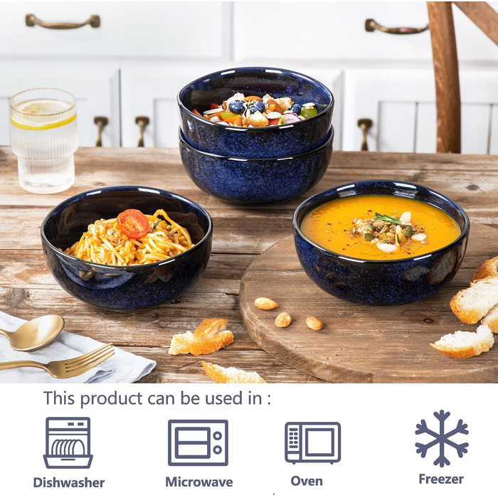 Набір керамічних мисок Vicrays (6 шт., 750 мл) - для супу, салату, рису, десерту, крему. Миски з кераміки, стійкі до сколів, можна мити в посудомийній машині та використовувати в мікрохвильовці.