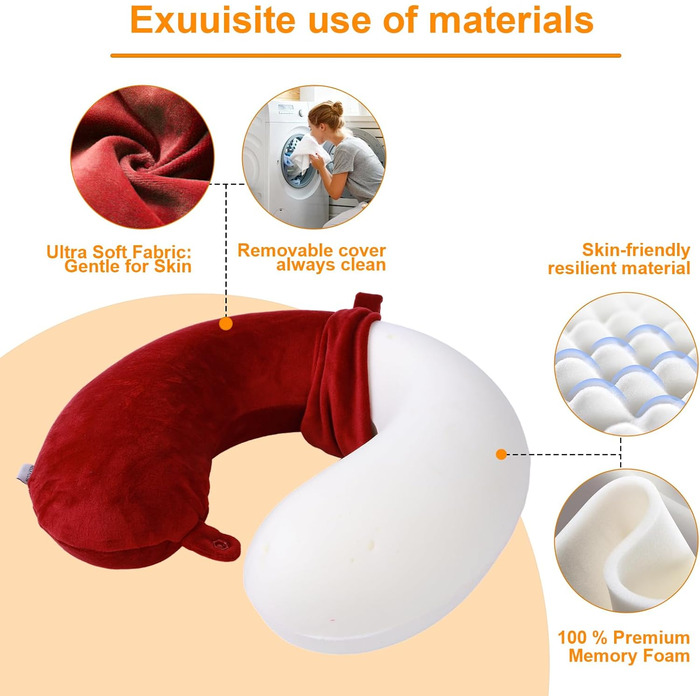 Подушка для шиї, 100% Memory Foam, U-подібна, легка, портативна, для подорожей (червона)
