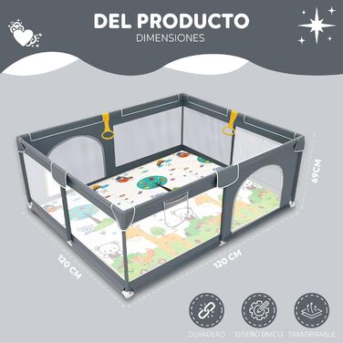 EveryKip® Playpen Baby 120x120cm, Playard Baby with Breathable Mesh, Baby Playpen with Zipper Door, Children's Playpen, Small Playpen Dark Grey