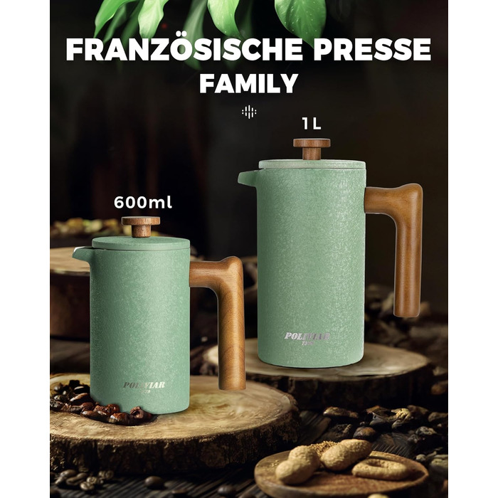 Френч-прес Poliviar 1 л / 8 чашок, з подвійними стінками, ізольований, для кави та чаю, з дерев'яною ручкою, Flatland (зелений)