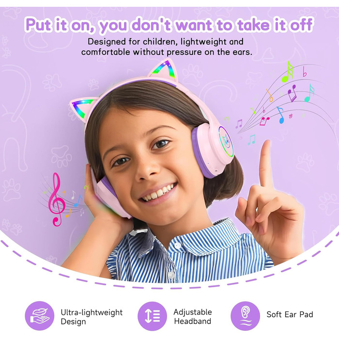 Дитячі навушники LOBKIN Bluetooth Over-Ear з чохлом, бездротові та провідні, для дівчаток, складні, регульовані, для школи та подорожей (рожево-фіолетові)