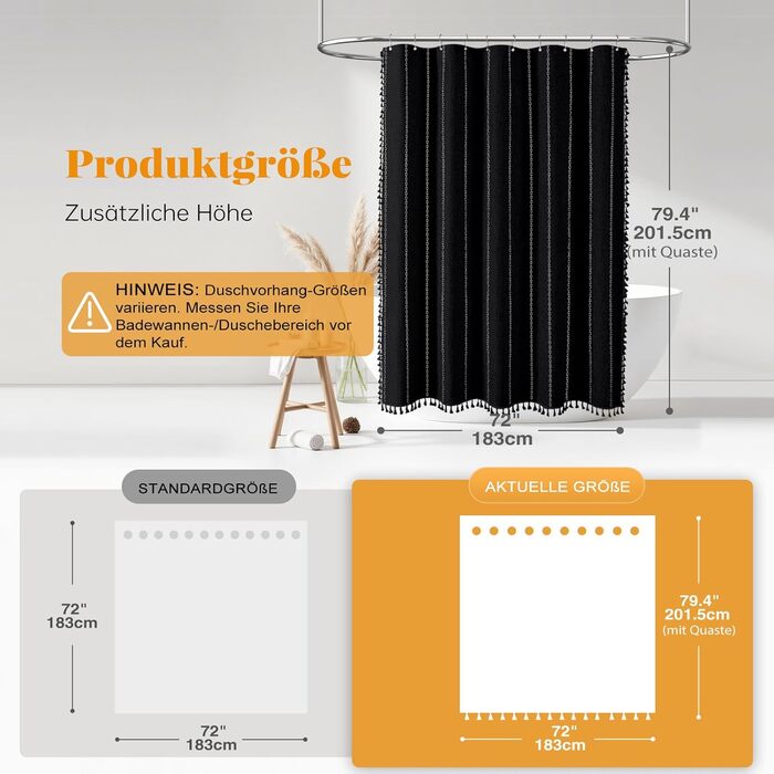 Шторка для душу BTTN 182 x 200 см, бохо-фермерський стиль, важка тканина, смугастий дизайн, бахрома, водовідштовхувальна, з вантажами, 12 гачків, чорно-біла, H200 x B180 см