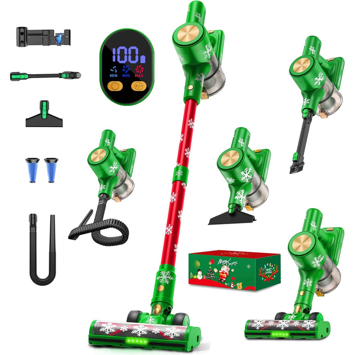 Бездротовий акумуляторний пилосос 48KPa/500W/55хв з LED-дисплеєм та зарядною станцією, для прибирання шерсті тварин, килимів, твердих поверхонь та авто, колір: зелений