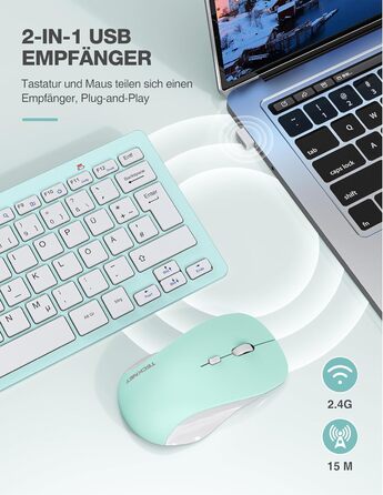 Бездротова клавіатура та миша TECKNET QWERTZ, 2.4 GHz, 15м, тиха, для ПК, ноутбука, Smart TV, білий (зелений)