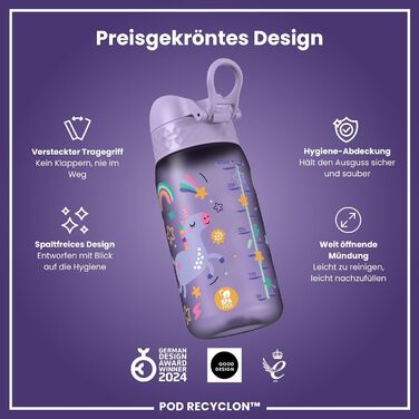 ion8 Insulated Stainless Steel Drinking Bottle 320 ml Leak-Proof One-Hand Opening Secure Locking Dishwasher-Safe Flip-Top Lid Carrying Handle Easy to Clean, Durable, Unicorn (Evo, Recyclon, Violet)