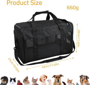 Транспортна сумка для кота та собаки Amexo, складана переноска для тварин, переноска для котів та собак середніх розмірів до 10 кг, 44 x 27 x 28 см (чорна)