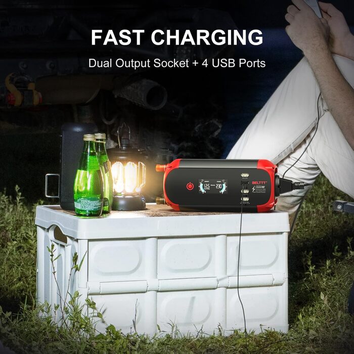 Автомобільний інвертор BELTTT 500W 12В-230В, 1000Вт пік, з LCD-дисплеєм, 4 USB, розетка EU для авто, кемпінгу, човна