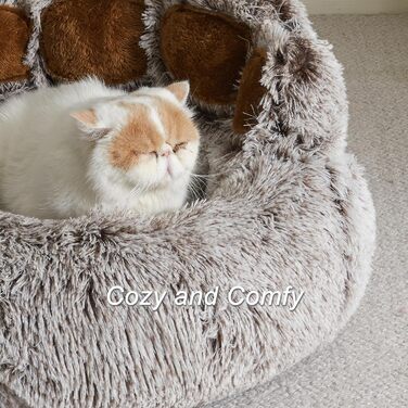 Jiupety Pet Round Dog Bed in Paw Shape, Soothing Donut Dog Bed, Faux Fur Cat Bed, Medium Size. The diameter is 56cm, comfortable and soft, machine washable, grey.