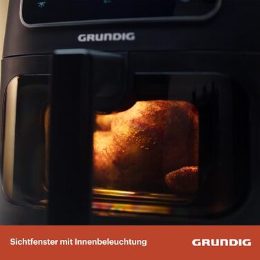 Аерофритюрниця Grundig FRY 7320, 7,6 л, 1750 Вт, сенсорний дисплей, велике оглядове вікно, регулювання температури і часу, антипригарне покриття, кошик для посудомийки, чорна