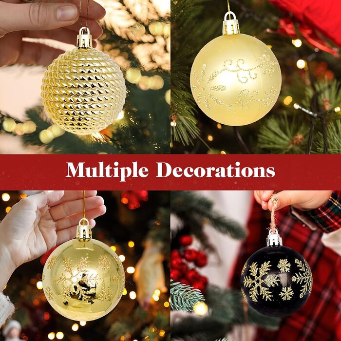 44 штуки новорічних кулі пластикові, прикраси для ялинки, набір кульок для ялинки, персоналізовані новорічні кулі білі та червоні, ялинковий декор, новорічний декор для дому та вулиці білий та червоний (золотий та чорний)