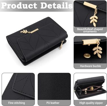 GOUNNU Wallet for Women PU Leather Women's Card Holder RFID Protection Women's Wallet Many Compartments Women's Short Wallet with 14 Card Slots and Coin Pocket Money Bag Women (Black)
